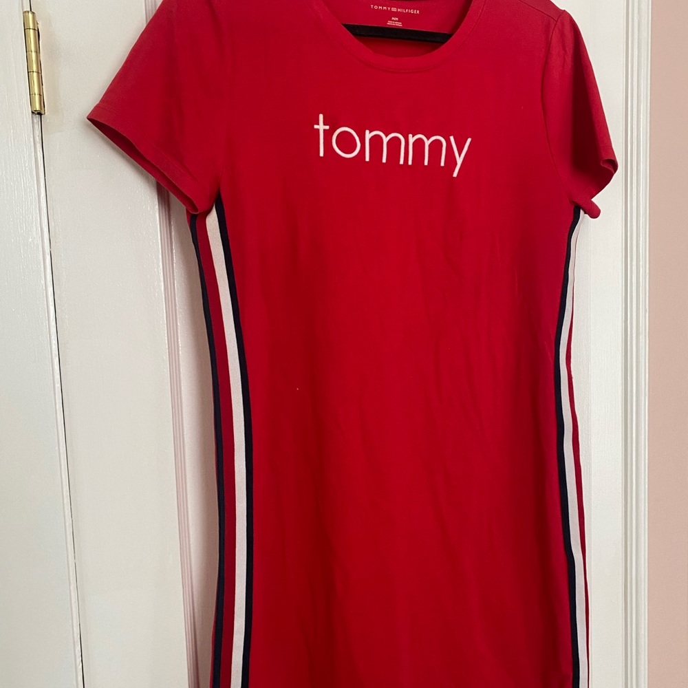 Tommy t shirt dress. Red with white and blue stripes on side